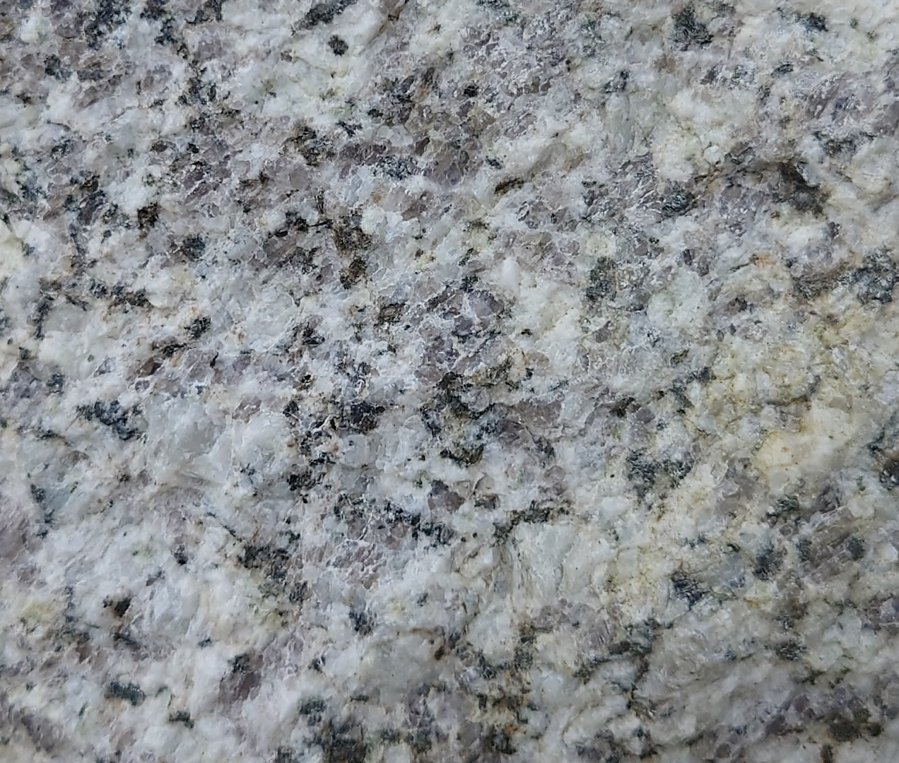 Nahaufnahme Biotit-Granit. Gut zu erkennen sind die klaren Bruchflächen der Feldspäte (1). Bei den dunklen Bestandteilen handelt es sich um Biotit (3), der Quarz erscheint hier leicht rötlich (2).